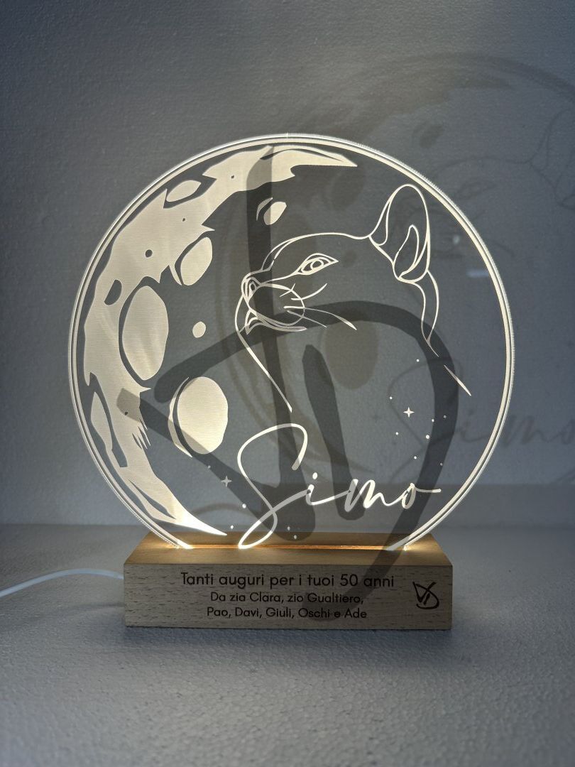 Lampes en acrylique plexiglas décorées de graphiques de chat et de lune avec piédestal en bois - Lampes en plexiglas acrylique décoré avec socle en bois personnalisé