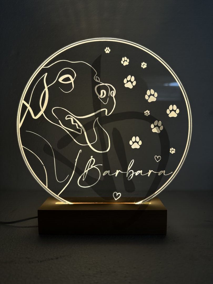 Lampes en acrylique plexiglas décorées de graphiques de chien et de nom avec piédestal en bois - Lampes en plexiglas acrylique décoré avec socle en bois personnalisé