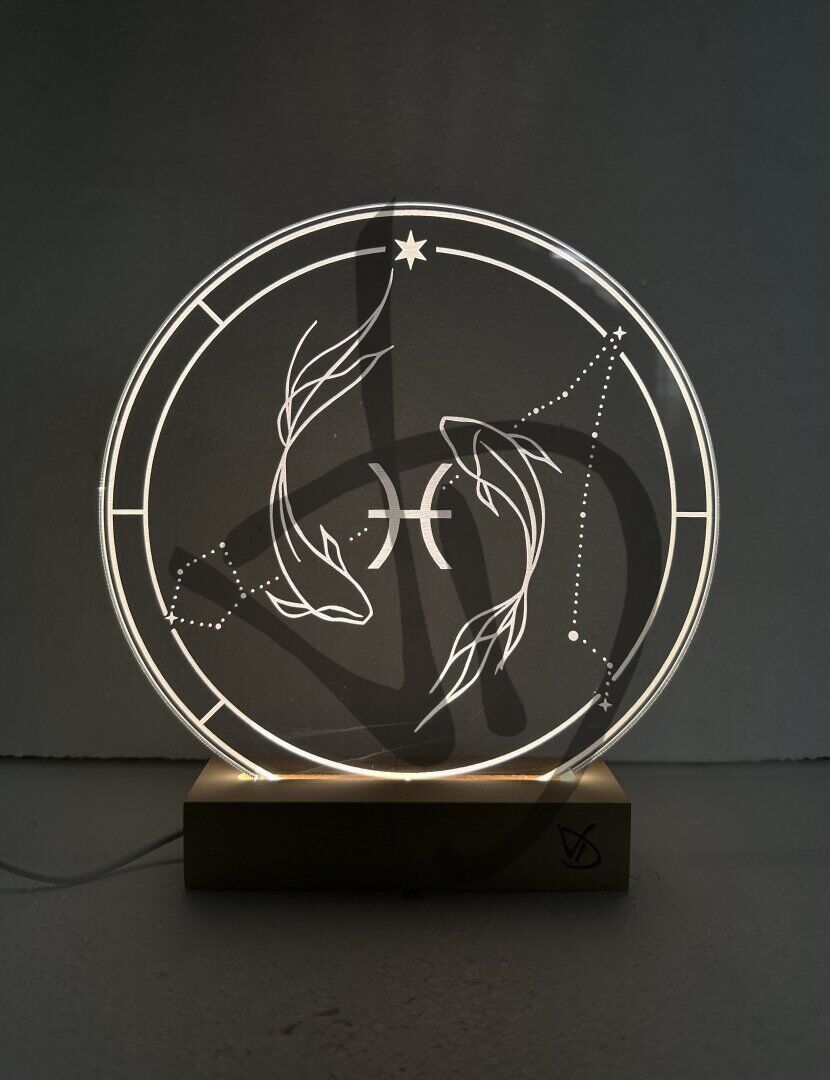 Lampes en acrylique plexiglas décorées de graphiques de signes du zodiaque personnalisés avec base en bois - Lampes en plexiglas acrylique décoré avec socle en bois personnalisé
